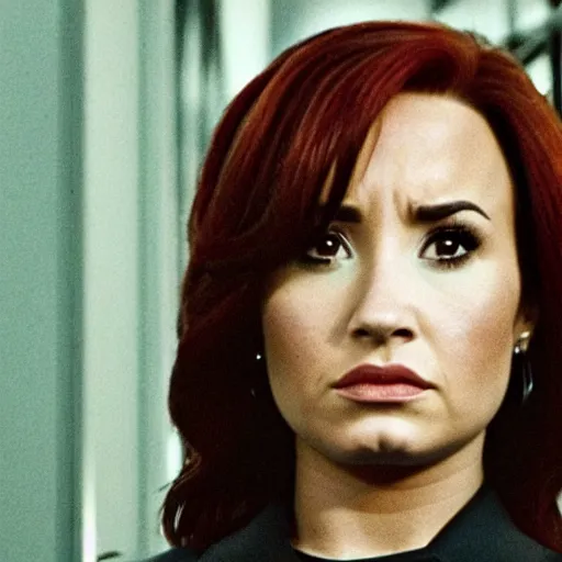 Image similar to close-up of Demi Lovato as Dana Scully with black hair in an X-Files movie directed by Christopher Nolan, movie still frame, promotional image, imax 35 mm footage