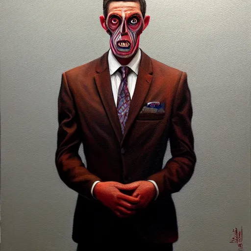 Image similar to a hyper realistic painting of a patient young man in a burning business suit, cloth is burning, full body painting, long shot, coherent symmetrical eyes, calm face, by jeffrey smith, by andrea kowch, by steve henderson, masterpiece, trending on artstation,