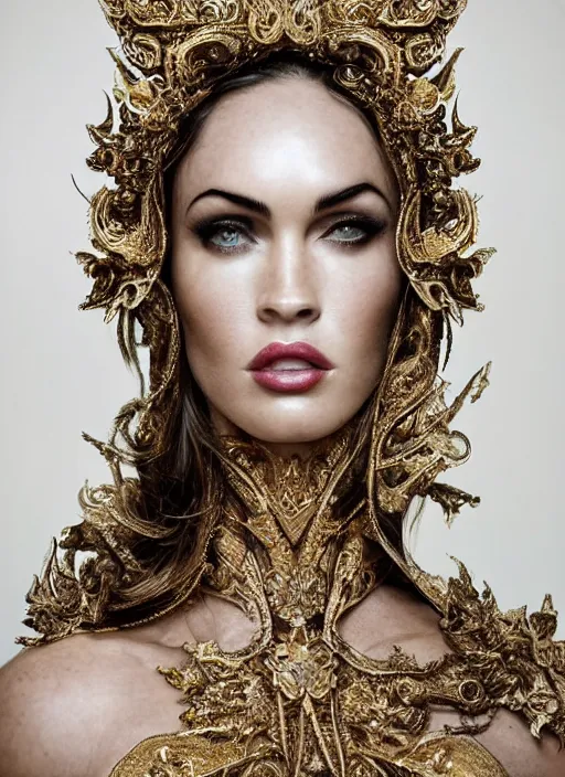 Image similar to a portrait of megan fox by stefan geselle and nekro borja, photorealistic, intricate details, hyper realistic, fantasy, elegant, baroque gold headpiece, photorealistic, canon r 3, photography, wide shot, symmetrical features, symmetrical pose, wide angle shot, head to toe, standing pose, feet on the ground, wearable art