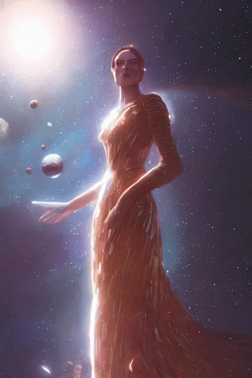 Image similar to a woman, wearing a dress made of stars, rim lighting, dramatic, planets in the background, smooth, sharp focus, very detailed, by greg rutkowski, artstation, tom badshaw, 8 k, symmetrical face