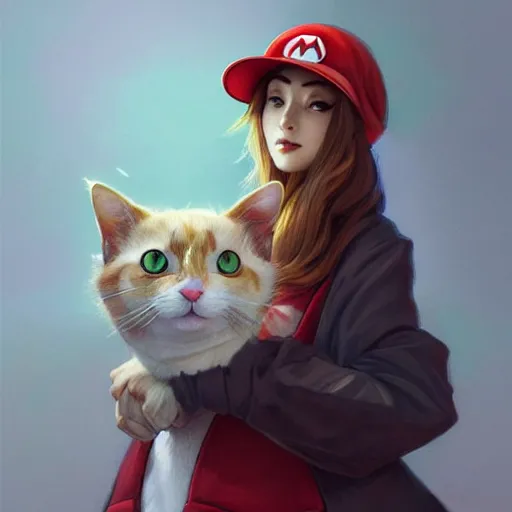 Image similar to Portrait of a Cat wearing a red Super Mario hat, kawaii aesthetic, nintendo, box art, highly detailed, digital painting, artstation, concept art, smooth, sharp focus, illustration, art by artgerm and greg rutkowski and alphonse mucha