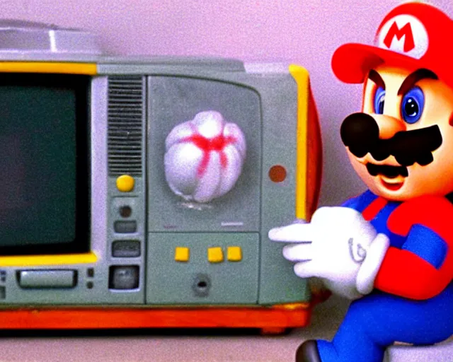 Prompt: a spooky ghost plays Mario 64 on an old television