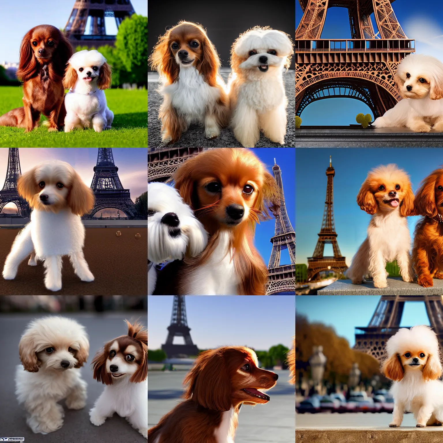 Prompt: a photorealistic closeup image of a cute brown colored long haired chihuahua cocker spaniel dog with a happy white bichon frise dog in paris outisde the eiffel tower. brightly lit. extreme detail. 4 k hd unreal engine