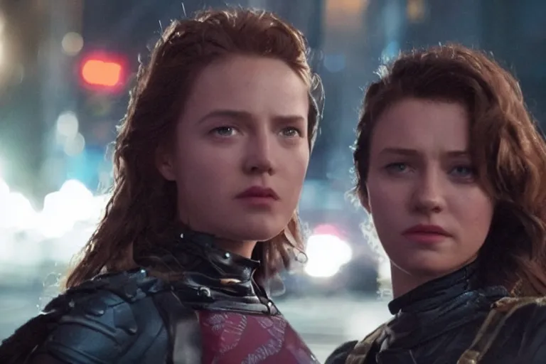 Prompt: movie powerful lesbian hero couple closeup, DC Marvel fashion, VFX powers at night in the city, city street, beautiful skin, natural lighting by Emmanuel Lubezki