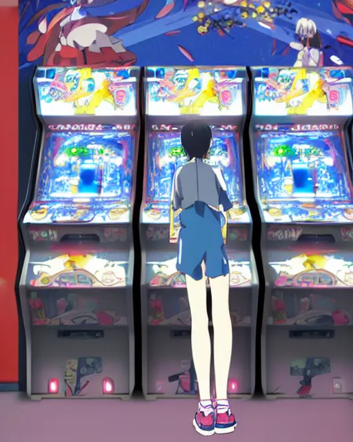 Image similar to a girl at the arcade, full shot, visible face, ambient lighting, detailed, very modern anime style, art by hayao miyazaki, makoto shinkai