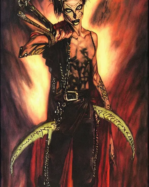 Image similar to portrait of a skinny punk goth sorcerer by simon bisley, john blance, frank frazetta, fantasy, barbarian