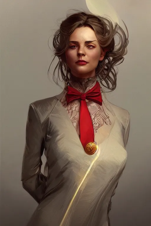 Image similar to a girl wearing a golden dress, grey hair, red necktie, cinematic, stunning, highly detailed, digital painting, artstation, smooth, hard focus, full body shot, illustration, art by artgerm and greg rutkowski and alphonse mucha