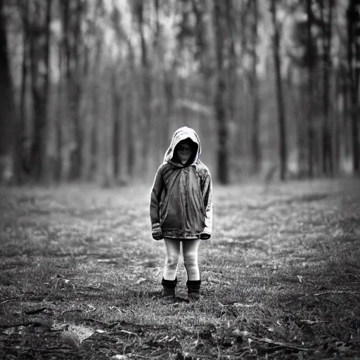 Prompt: A sad child, near forest, outdoors, dark, photograph, f2.8, dramatic, award-winning, large format