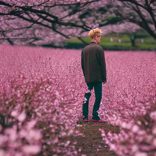 Prompt: kodak portra 4 0 0 photograph of a skinny blonde guy standing in field of cherry blossom trees, back view, flower crown, moody lighting, moody vibe, telephoto, 9 0 s vibe, blurry background, vaporwave colors, faded!,