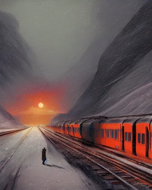 Image similar to a highly detailed epic cinematic concept art CG render digital painting artwork: Railroad in snowy landscape of Siberia and worker in orange west. By Greg Rutkowski, in the style of Francis Bacon and Syd Mead and Norman Rockwell and Beksinski, open ceiling, highly detailed, painted by Francis Bacon and Edward Hopper, painted by James Gilleard, surrealism, airbrush, Ilya Kuvshinov, WLOP, Stanley Artgerm, very coherent, triadic color scheme, art by Takato Yamamoto and James Jean