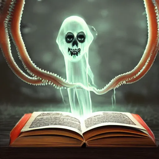 Image similar to a transparent human man ghost is reading a scary book that has come to life with sharp teeth and slimy tentacles emerging from the pages, photo, colorful, artstation, unreal engine, 8K, CGSociety, realistic materials, intricate details, photo-realistic, postprocessing, 4k ultra HD photograph