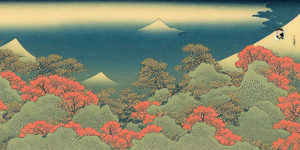 Image similar to mountain landscape with many flowers, by katsushika hokusai and mahmoud sai, intricate, sharp focus, detailed, lively colors, sky, water