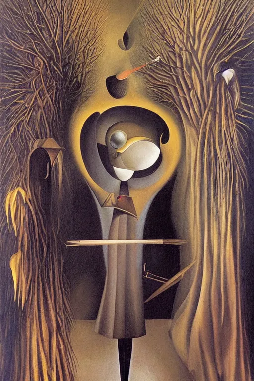 Image similar to surrealist painting by remedios varo full of subtle hints, mystic characters and misleading perspectives, ultrastation hq, 8 l, hyperrealistic, very highly detailed