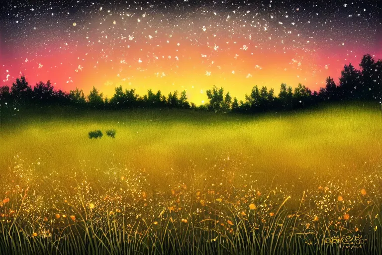 Prompt: fireflies in a field at twilight, tall grasses and field flowers, midsummer, starry sky, photorealistic