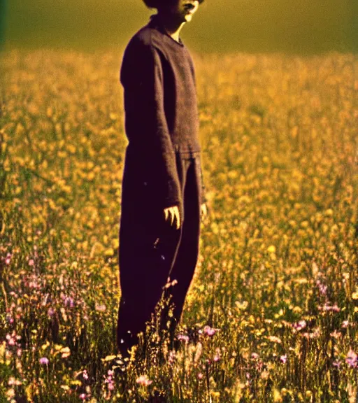 Image similar to tall shadow person figure standing in beautiful meadow of flowers, vintage film photo, grainy, high detail, high resolution