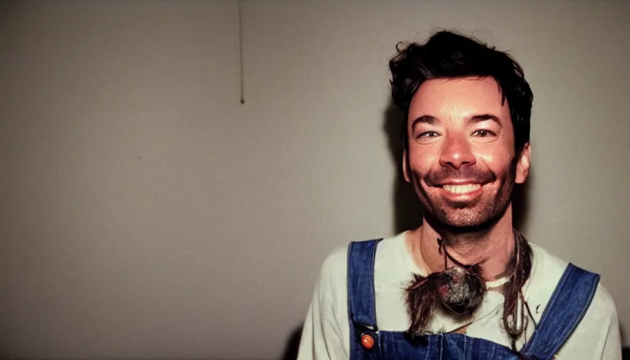 Image similar to far view, extremely skinny malnourished jimmy fallon with long beard, wearing dirty overalls, dirty greasy face, grin, portrait, close up, kodak gold 2 0 0, 5 0 mm,