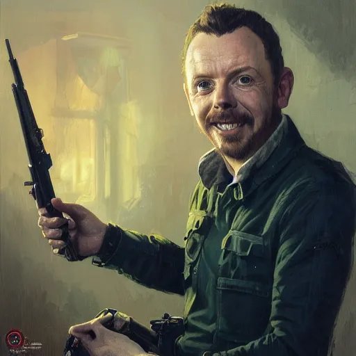 Image similar to portrait painting of simon pegg smiling with a winchester, ultra realistic, concept art, intricate details, eerie, highly detailed, photorealistic, octane render, 8 k, unreal engine. art by artgerm and greg rutkowski and alphonse mucha