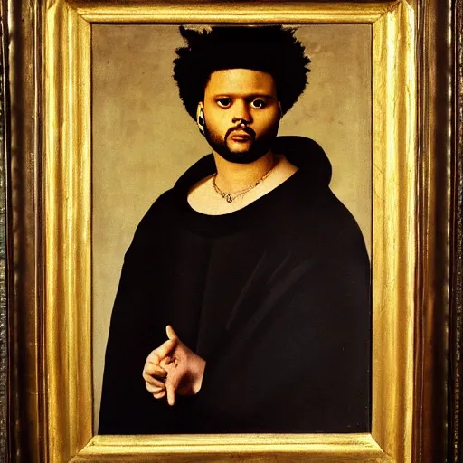 Image similar to a renaissance style portrait painting of the weeknd