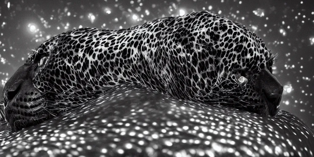 Prompt: the smooth black jaguar, made of ferrofluid, laying on the couch in the living room after bathing in the ferrofluid. photography, dslr, rimlight, wrinkles, reflections, black goo