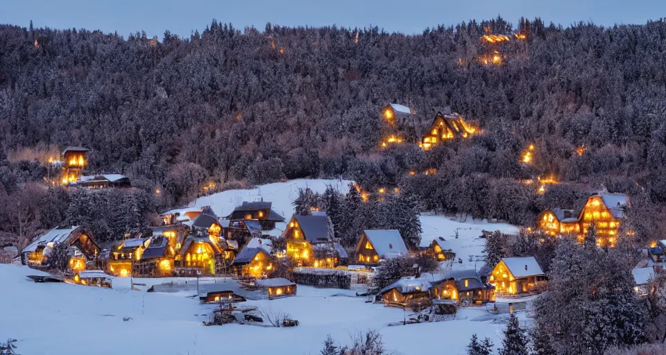 Image similar to an abandoned village in the black forest at midnight illuminated by christmas lights