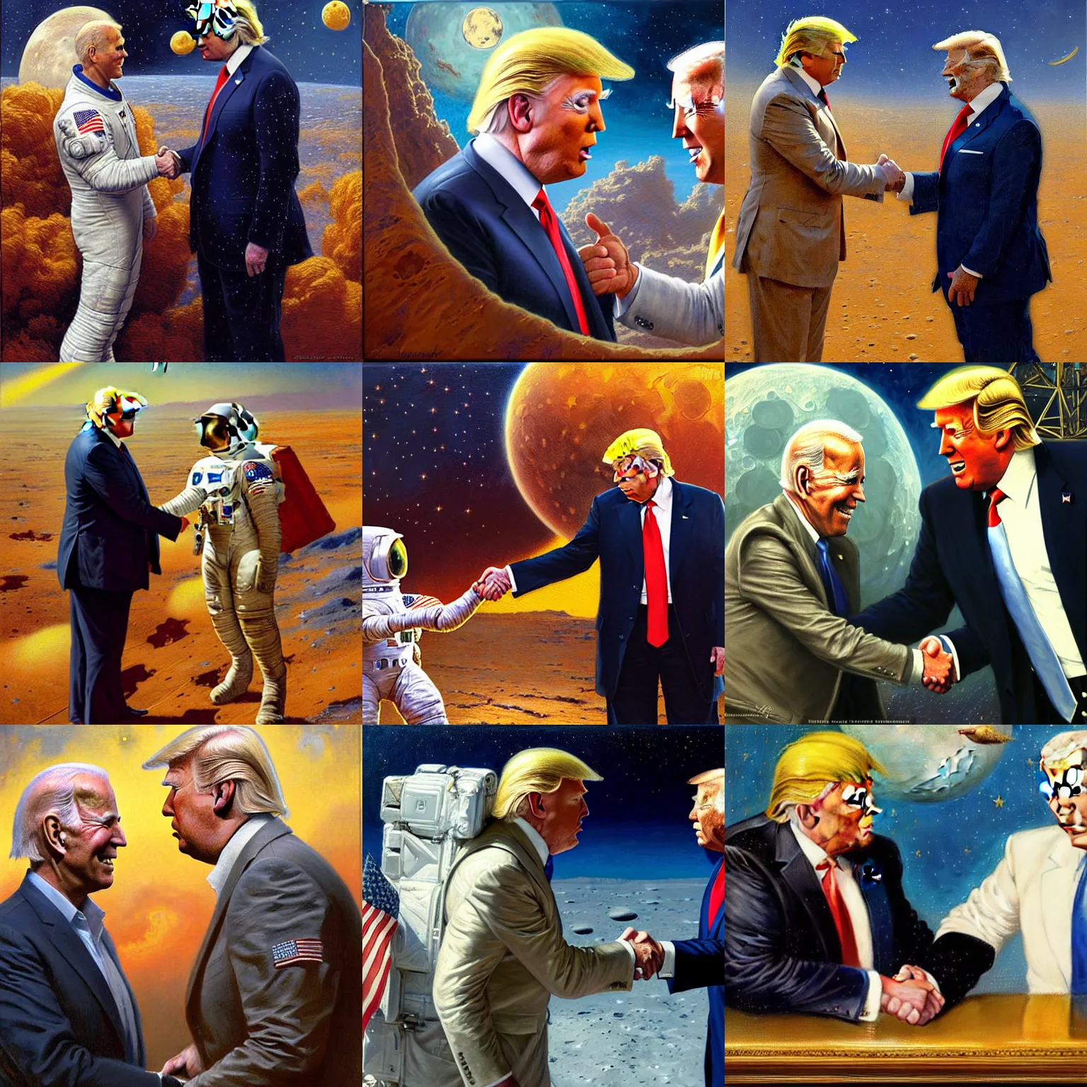 Prompt: portrait donald trump shaking hands with portrait joe biden on the moon, highly detailed painting by gaston bussiere, craig mullins, j. c. leyendecker 8 k