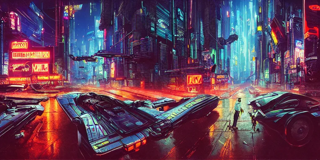 Prompt: cyberpunk night street, flying cars, neon billboards, hyper-realism, futurism!, future!!, 8k, sharp ages, hd, clear lines!!, hard shadows, ultra detailed, style of John Berkey, Norman Rockwell, Hans Thoma, Ivan Shishkin, Tyler Edlin, Thomas Kinkad