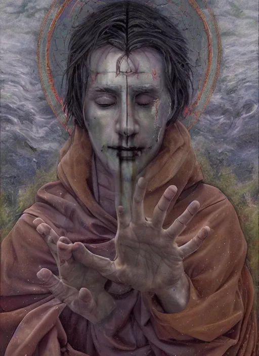 Image similar to transcendental adoration of the magi, stigmata, occult symbolism epic surrealism 8k oil painting, portrait, perspective, high definition, post modernist layering, by Sean yoro