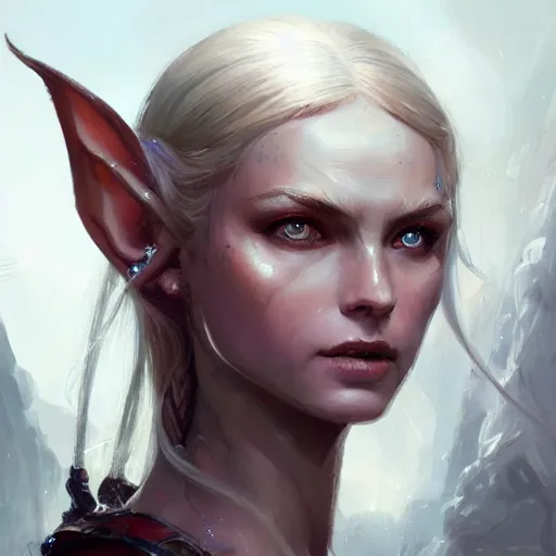 Image similar to A head-on detailed oil fantasy portrait of a pretty elf woman with small horns on her forehead, long blonde hair and bright irises, by greg rutkowski, trending on artstation, dungeon and dragons art