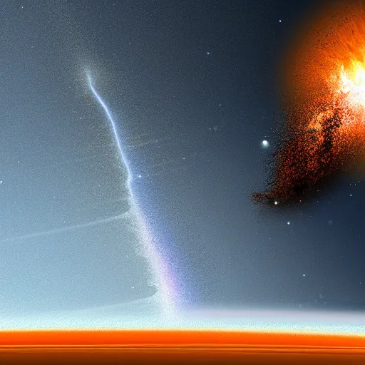 Image similar to digital art of a meteor impact hitting the earth's surface, destroying part of the planet