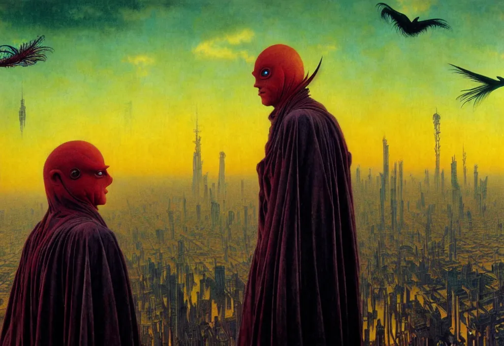 Image similar to realistic detailed portrait movie shot of a birdman wearing dark ragged robes, futuristic city sunset landscape background by denis villeneuve, amano, yves tanguy, alphonse mucha, ernst haeckel, max ernst, roger dean, rich moody colours, cinematic closeup