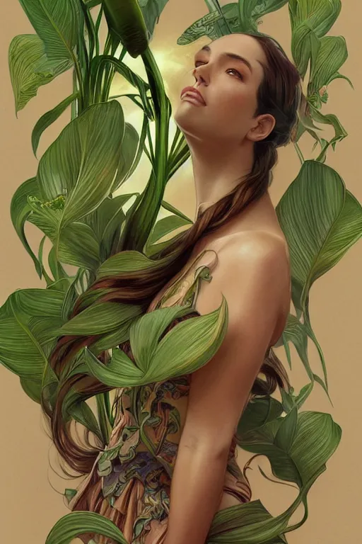 Image similar to ultra realistic illustration, cinema 4 d art, banana plants drawing, jade background, elegant, highly detailed, digital painting, concept art, intricate, swirl, smooth, sharp focus, illustration, art by artgerm and greg rutkowski and alphonse mucha