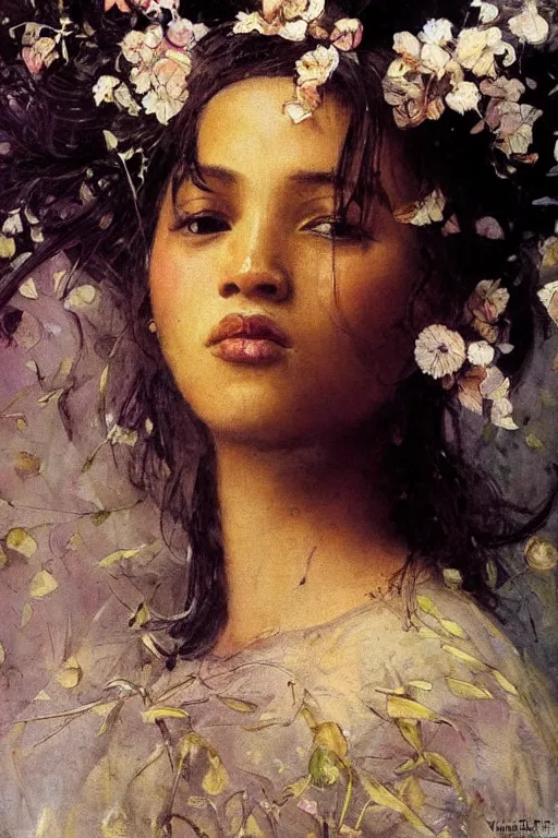 Image similar to close - up fashion black woman portrait airy flowers clouds art by vasnetsov