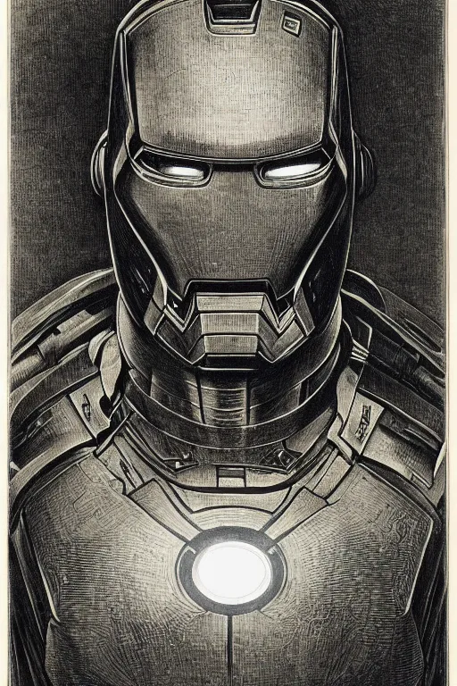 Image similar to portrait of iron man, Gustave Dore lithography