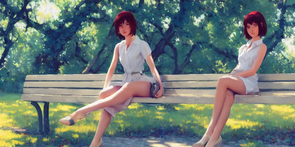 Image similar to A ultradetailed beautiful panting of a stylish woman siting on a park bench, Oil painting, by Ilya Kuvshinov, Greg Rutkowski and Makoto Shinkai