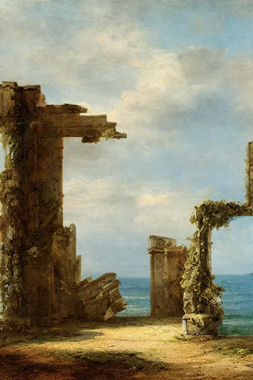 Prompt: ruins by the sea, matte painted by gustav moreau