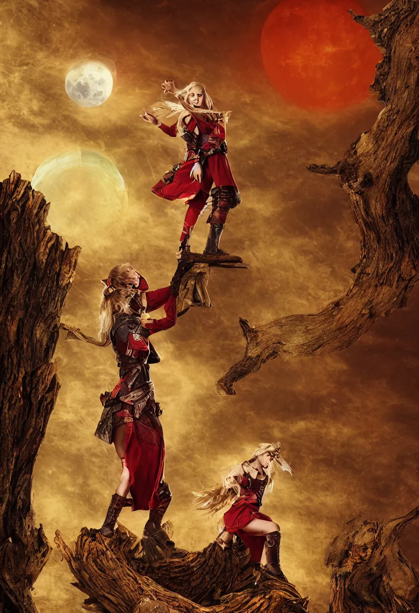 Prompt: a blonde medieval female soldier standing on a short treestump, red lunar eclipse, detailed, fantasy, in the style of Gwent, epic composition, red background