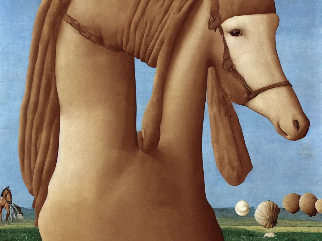 Image similar to Horse star on the forehead. Giant conch shell. Painting by Alex Colville, Piero della Francesca