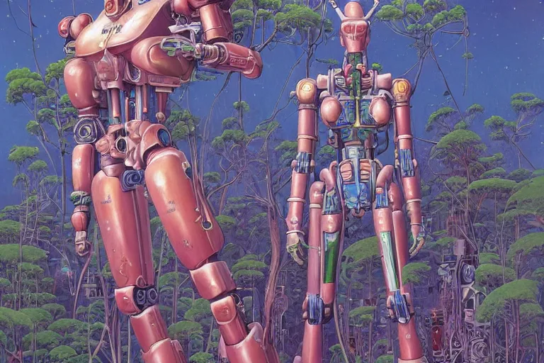 Image similar to most blues, evangelionic illustration, gigantic girl head, a lot of exotic vegetation, trees, tremendous mecha robot, flowers, oldschool vintage sci - fi flat surreal design, super - detailed, oil painting by moebius, hd, 4 k, high quality