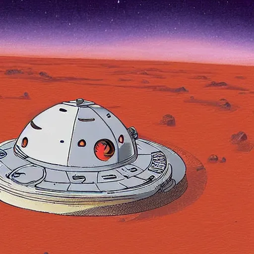 Prompt: a colony on mars by Hayao Miyazaki. a flying vehicle hovering over bright red mars surface