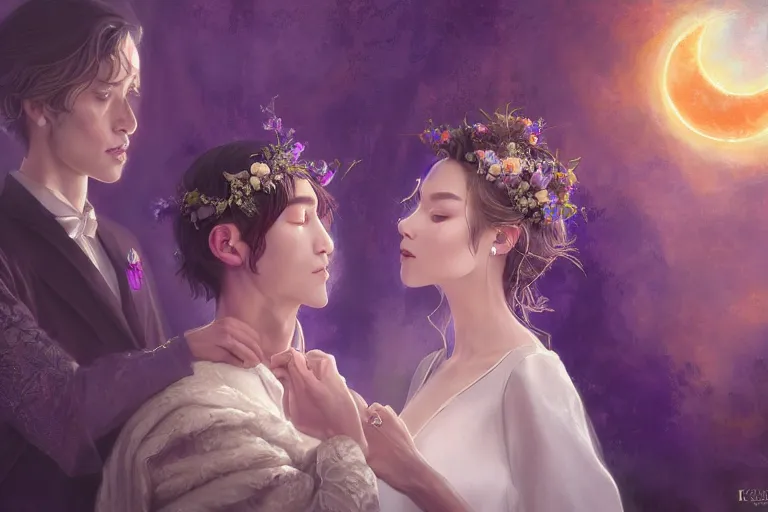 Image similar to a dreamlike cinematic portrait of wedding photograph close up moment of a divine a russia sun god and moon goddess lovers magician at a wedding banquet. portraiture. digital painting. artstation. concept art. fantasy wedding photo. digital painting, 8 k realistic, hyper detailed, violet evergarden art masterpiece by art by krenz cushart