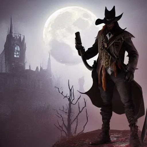 Image similar to a detailed 3 d render of darkwing duck dressed as the hunter from bloodborne, let's get dangerous, digital art, dark fantasy, concept art, soulslike, by alphonse mucha, blood moon eclipse, wherewolves in a ruined building in the background, artstation, 8 k, unreal engine render