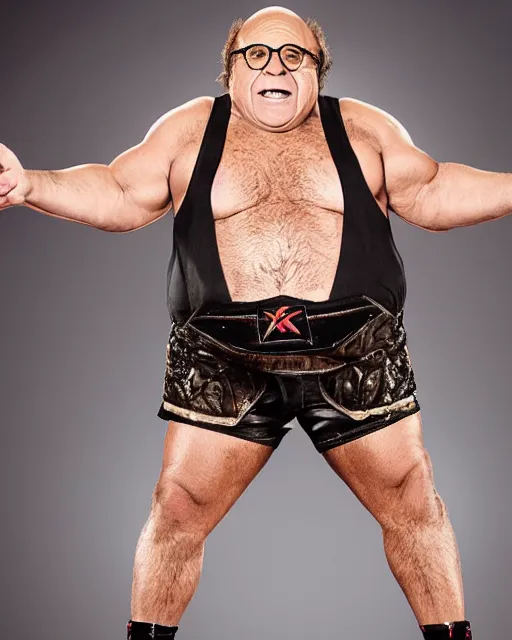 Image similar to portrait of danny devito as a wwe professional wrestler. photographic, photography