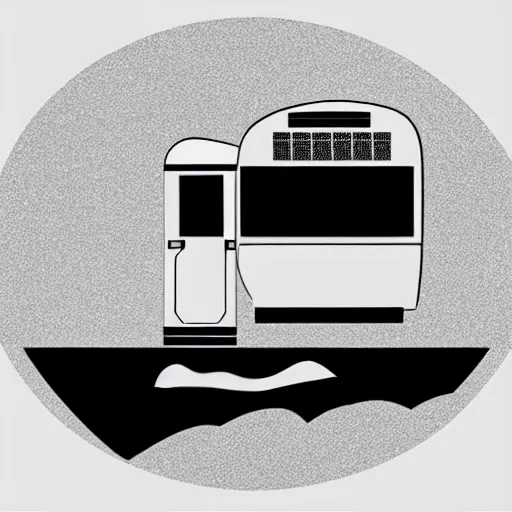 Image similar to very very very minimal vector graphic of a white and black thor chateau motorhome, color highway, mountains and sunset!!, all enclosed in a circle, white background, dramatic, professional minimal graphic design cartoon, award winning