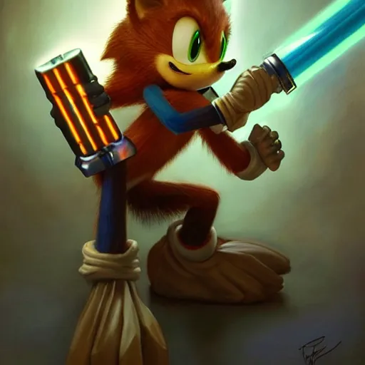 Image similar to highly detailed oil painting | very intricate | cinematic lighting | award - winning | sonic the hedgehog!!!!! with a light saber | by roberto ferri, by tom bagshaw, by j. c. leyendecker and artgerm, american romanticism, by austin osman spare, artstation, cgsociety, official art, octane