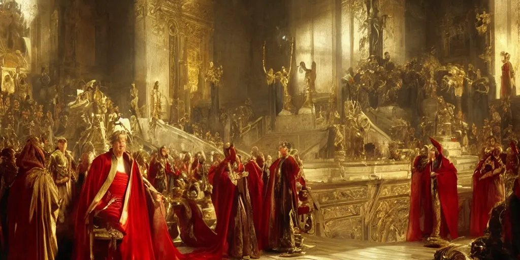 Image similar to beautiful oil matte portrait painting, steve buscemi in royal crimson robes enthroned as the god emperor of ancient rome surrounded by servants in gilded halls a golden wreath upon his head, by anders zorn, wonderful masterpiece by greg rutkowski, beautiful cinematic light, american romanticism, by thomas lawrence, greg rutkowski