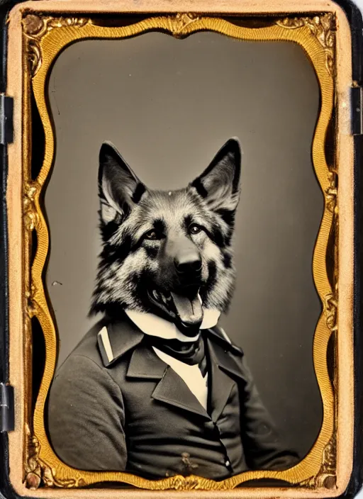 Image similar to professional studio photo portrait of anthro anthropomorphic german shepard head animal person fursona smug smiling wearing elaborate military general uniform clothes degraded medium by Louis Daguerre daguerreotype tintype