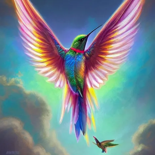 Image similar to cute flying hummingbird phoenix, embers surrounding her wings, shining rainbow feathers, smooth features, on fire, highly stylized, digital painting, artstation, concept art, smooth, soft focus, beautiful rainbow colors, illustration, hummingbird phoenix art by Artgerm and greg rutkowski