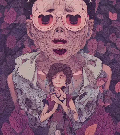 Prompt: portrait, nightmare anomalies, leaves with a mother by miyazaki, violet and pink and white palette, illustration, kenneth blom, mental alchemy, james jean, pablo amaringo, naudline pierre, contemporary art, hyper detailed