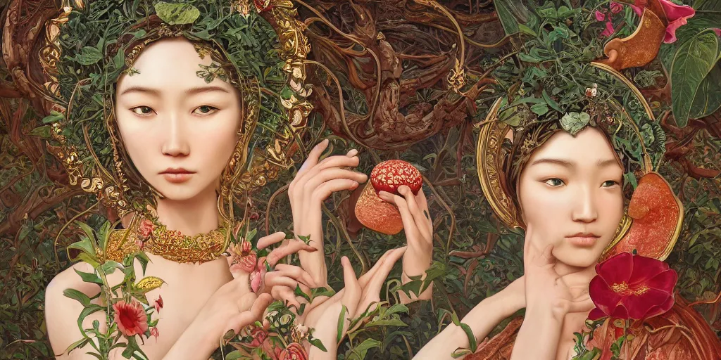 Image similar to breathtaking detailed concept art painting of the goddess of rafflesia arnoldii flowers, orthodox saint, with anxious, piercing eyes, ornate background, amalgamation of leaves and flowers, by Hsiao-Ron Cheng, James jean, Miho Hirano, Hayao Miyazaki, extremely moody lighting, 8K