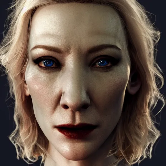 Image similar to a centered symmetrical portrait of cate blanchett as a demon, hyper detailed, facial texture, cinematic light, octane render, artstation